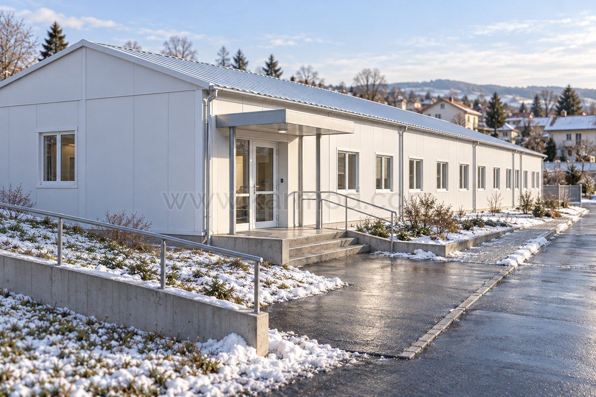 Entrée couverte d’un bâtiment modulaire avec cheminement dégagé, garde-corps et zone latérale pour le déneigement