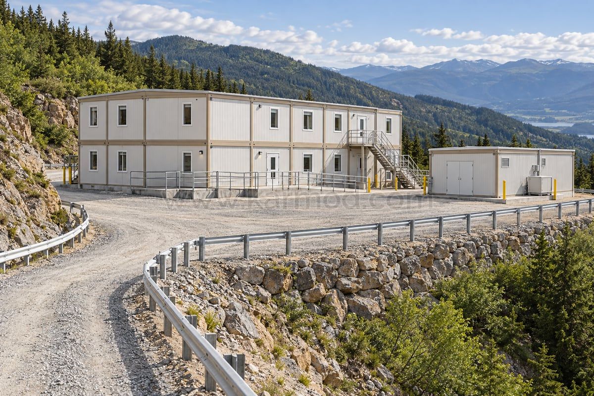Modelo de módulos numa plataforma nivelada com zona de descarga e acesso pedonal separado junto a uma estrada em encosta