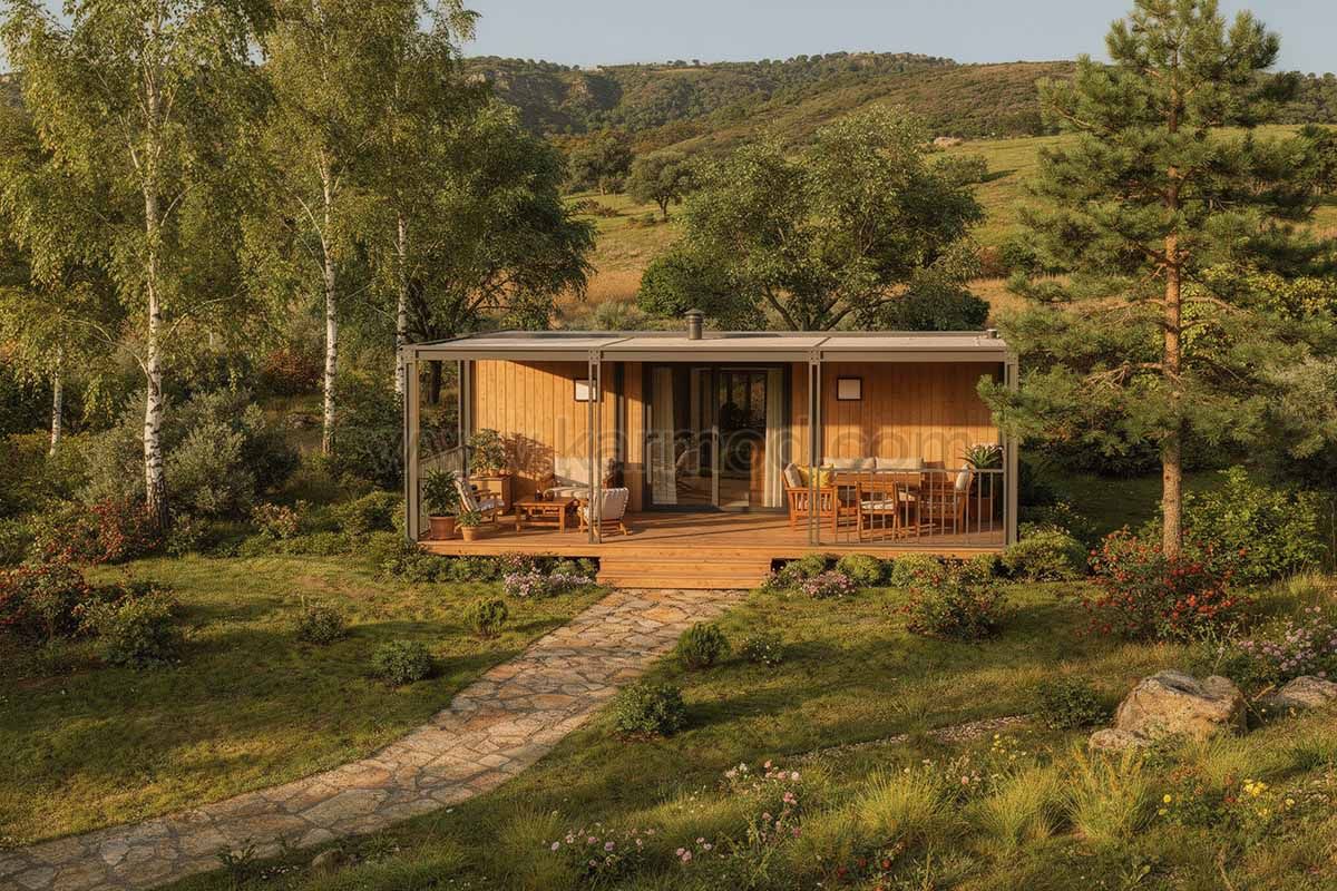 Einrichtung eines Arbeitsbereichs außerhalb der Stadt mit einem Tiny House