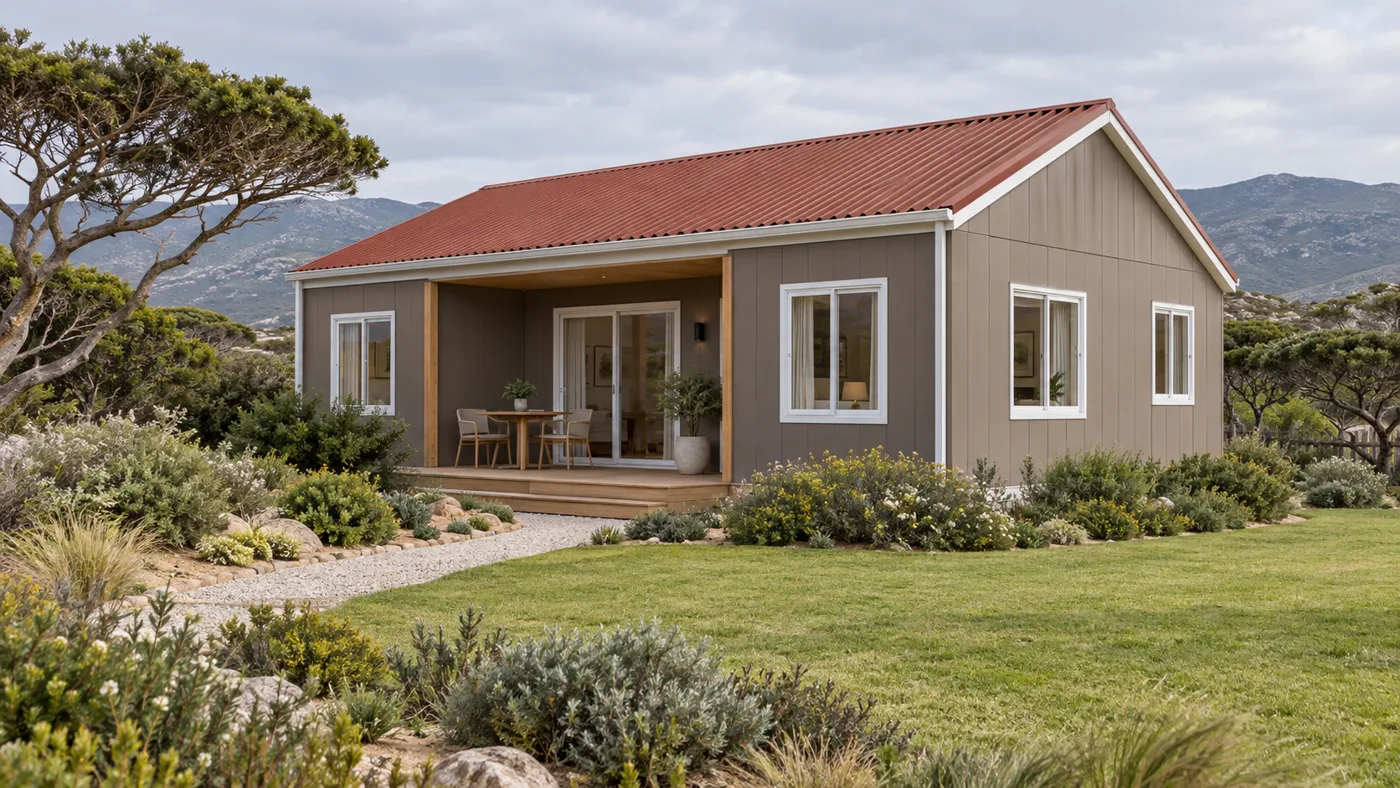 Visualisation d’une petite maison préfabriquée avec terrasse couverte, toiture rouge et jardin pour un projet en Afrique du Sud