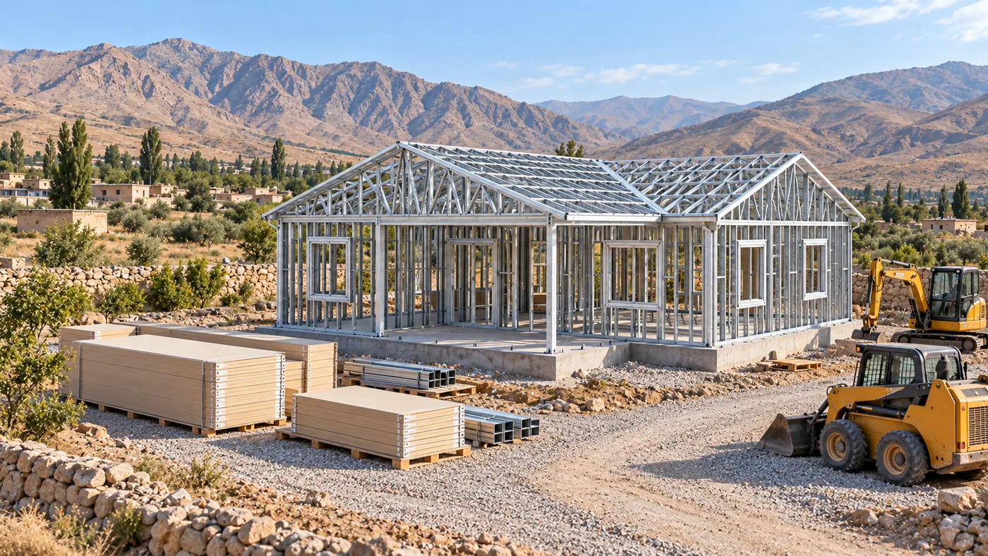 Visualisation d’une ossature en acier avec charpente à deux pans sur une dalle, avec panneaux stockés pour un projet de maison en Afghanistan