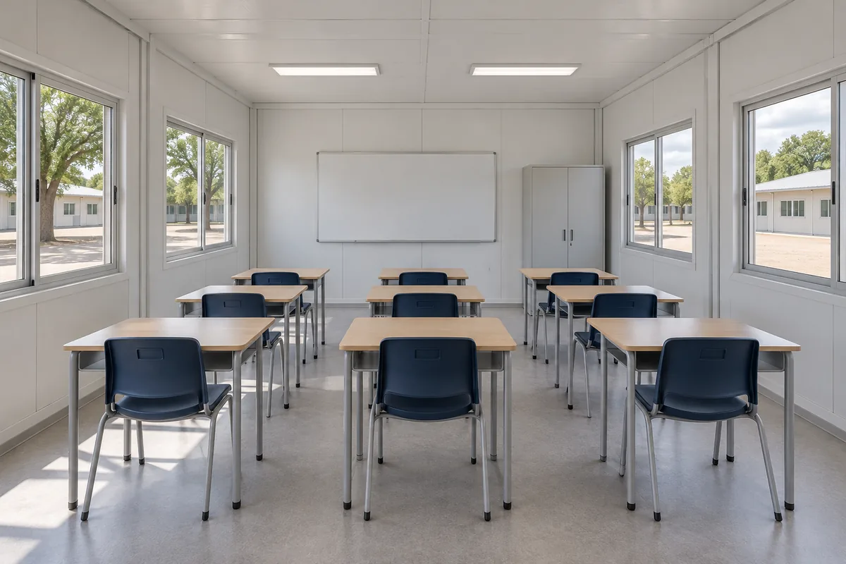 Aula modular con pupitres, almacenamiento y ventanas hacia el patio.