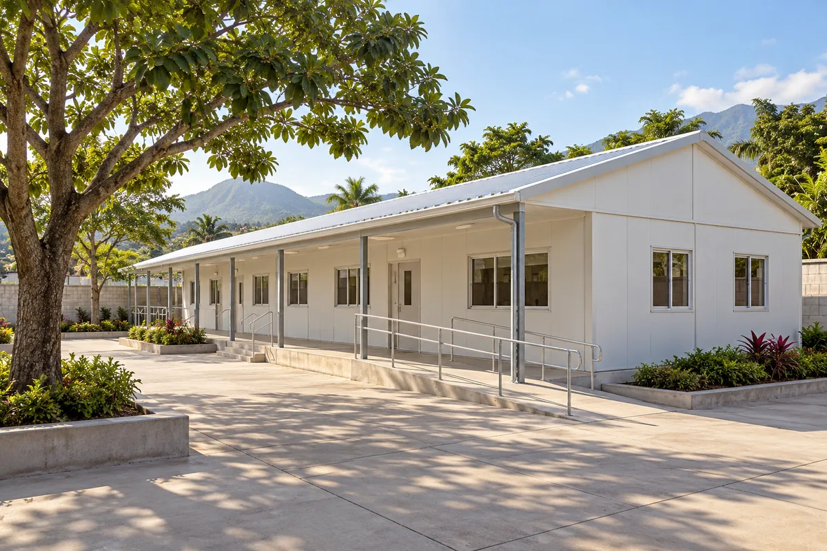 Aula modular con galería cubierta y zona de espera junto al patio.