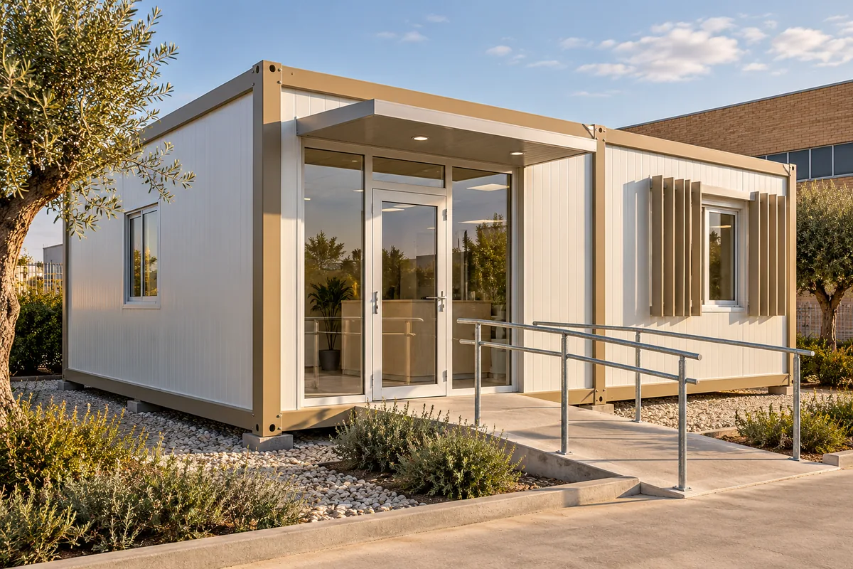 Oficina modular con recepción acristalada, protección solar exterior y rampa de entrada.