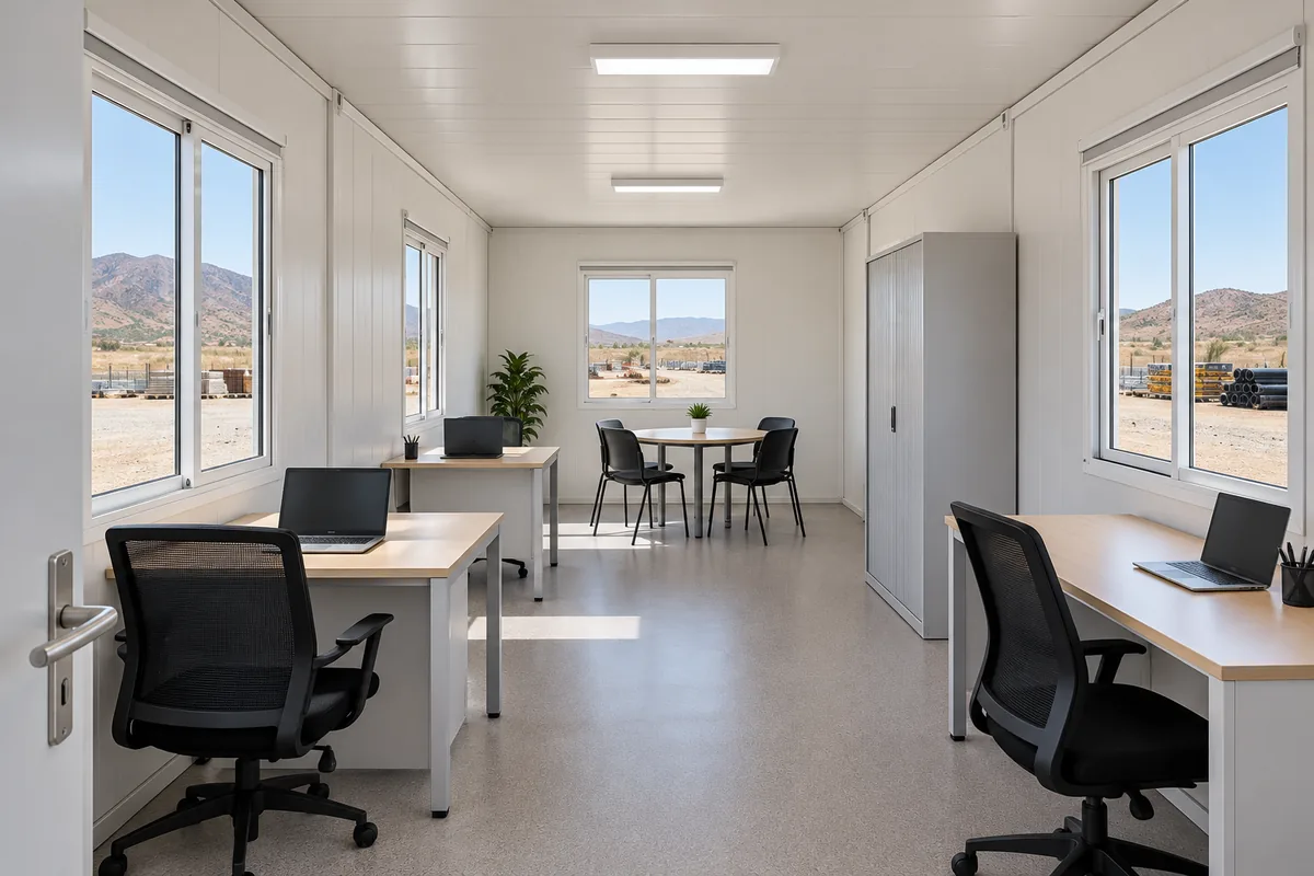 Oficina modular con puestos de trabajo, archivo y mesa de reuniones.