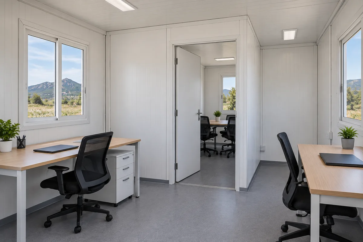 Interior de oficina modular con partición y puestos junto a las ventanas