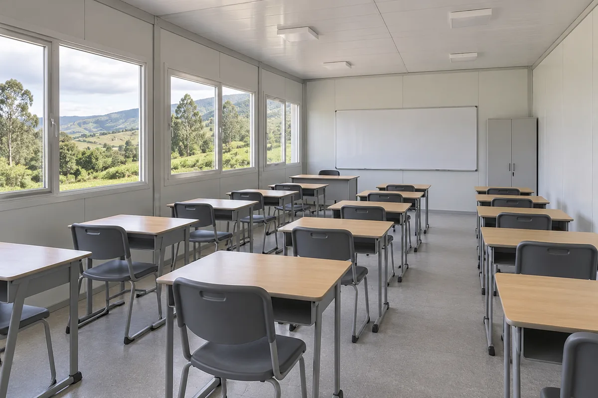 Interior de un aula prefabricada con pupitres, ventanas laterales y pasillos libres.