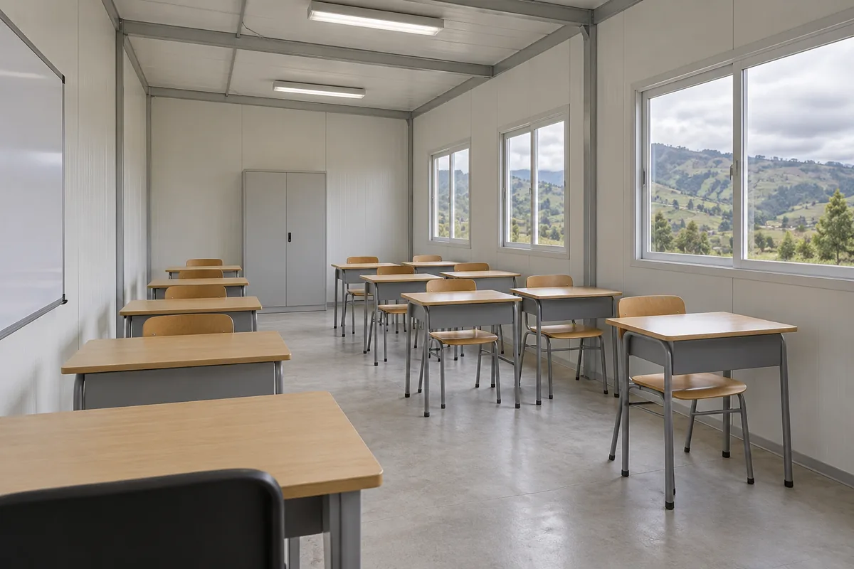 Aula prefabricada con pupitres y un pasillo central despejado.