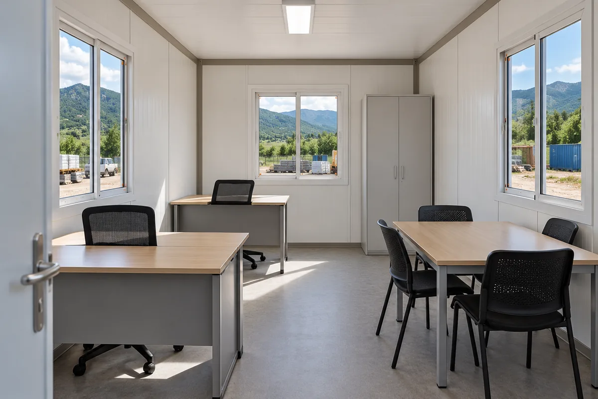 Oficina modular con dos puestos, archivo y mesa de reuniones.