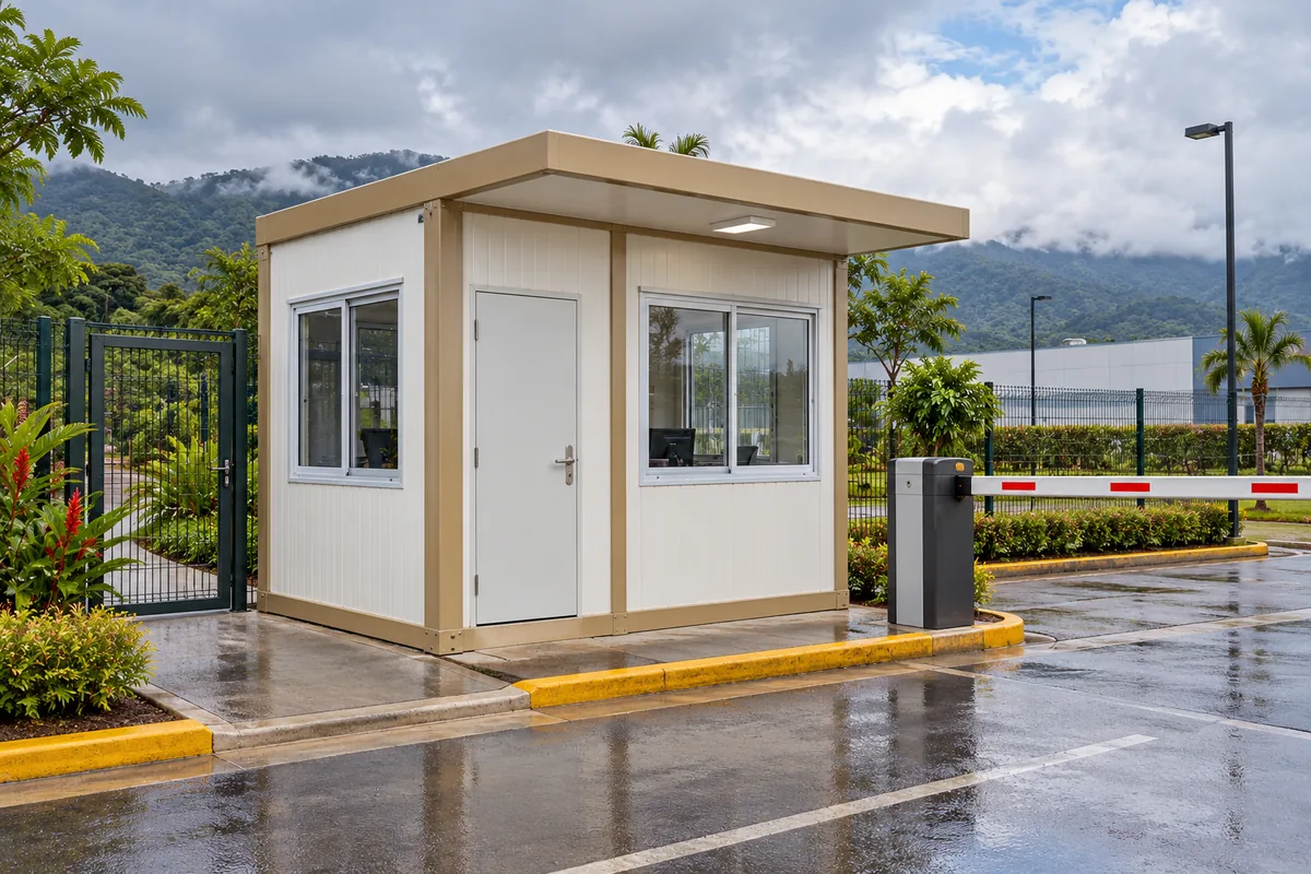 Caseta modular de control con ventanas a dos fachadas y paso peatonal separado del acceso de vehículos.