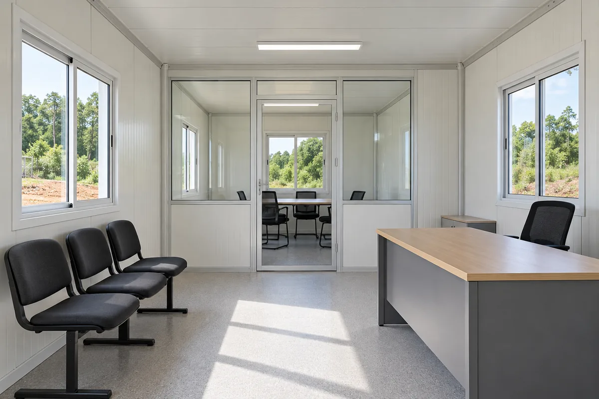 Recepción modular con sala de espera y acceso a una sala de reuniones.