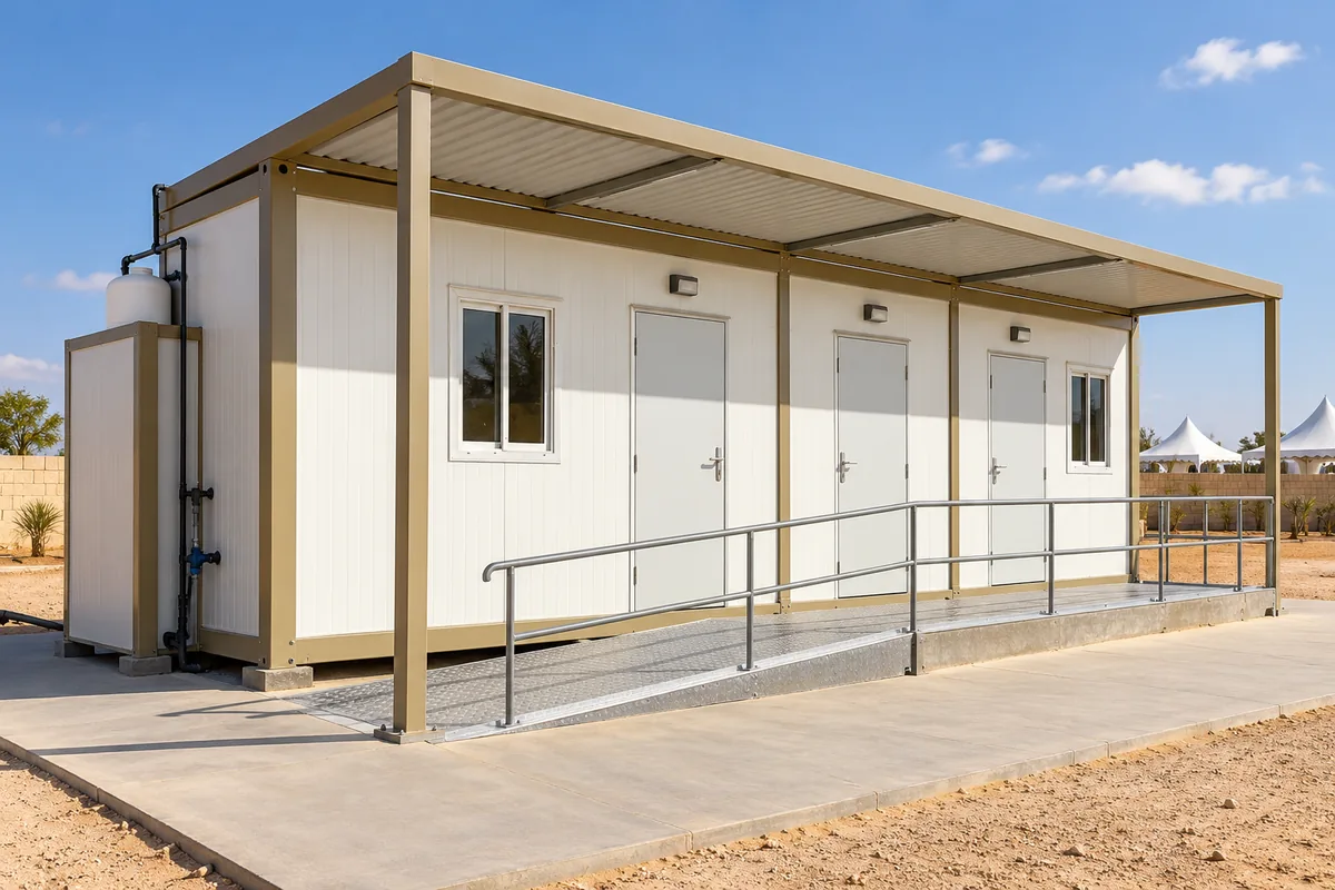 Módulo sanitario con tres accesos cubiertos y recinto lateral para instalaciones de agua.