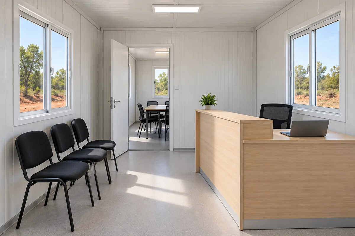 Recepción de oficina modular con espera y sala independiente