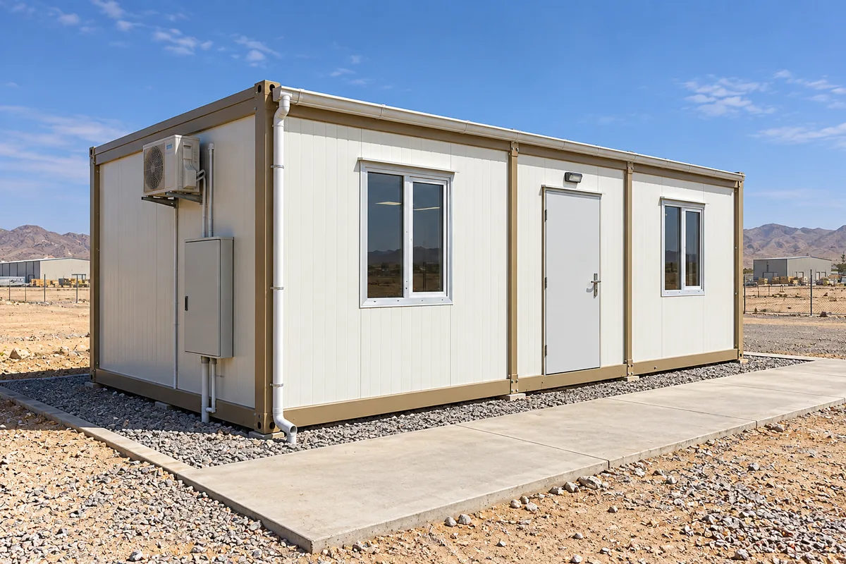 Oficina modular con equipos exteriores y franja de mantenimiento accesible.