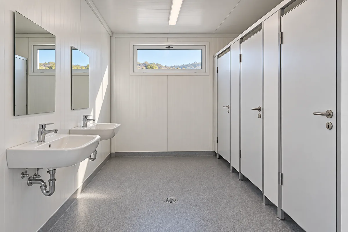 Interior de módulo sanitario con lavamanos y cabinas separadas