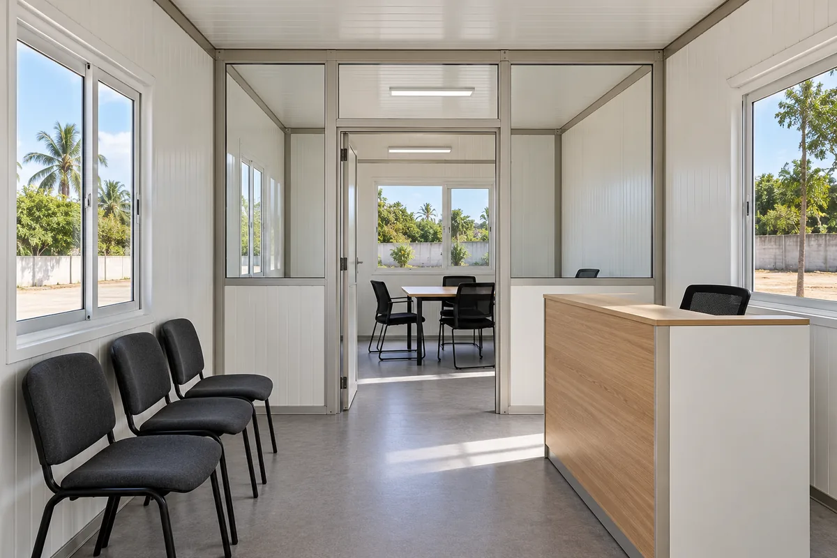 Recepción de oficina modular con espera y sala de reuniones separada.