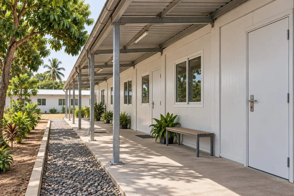 Galería cubierta junto a un aula prefabricada, con ventanas y franja de drenaje exterior.