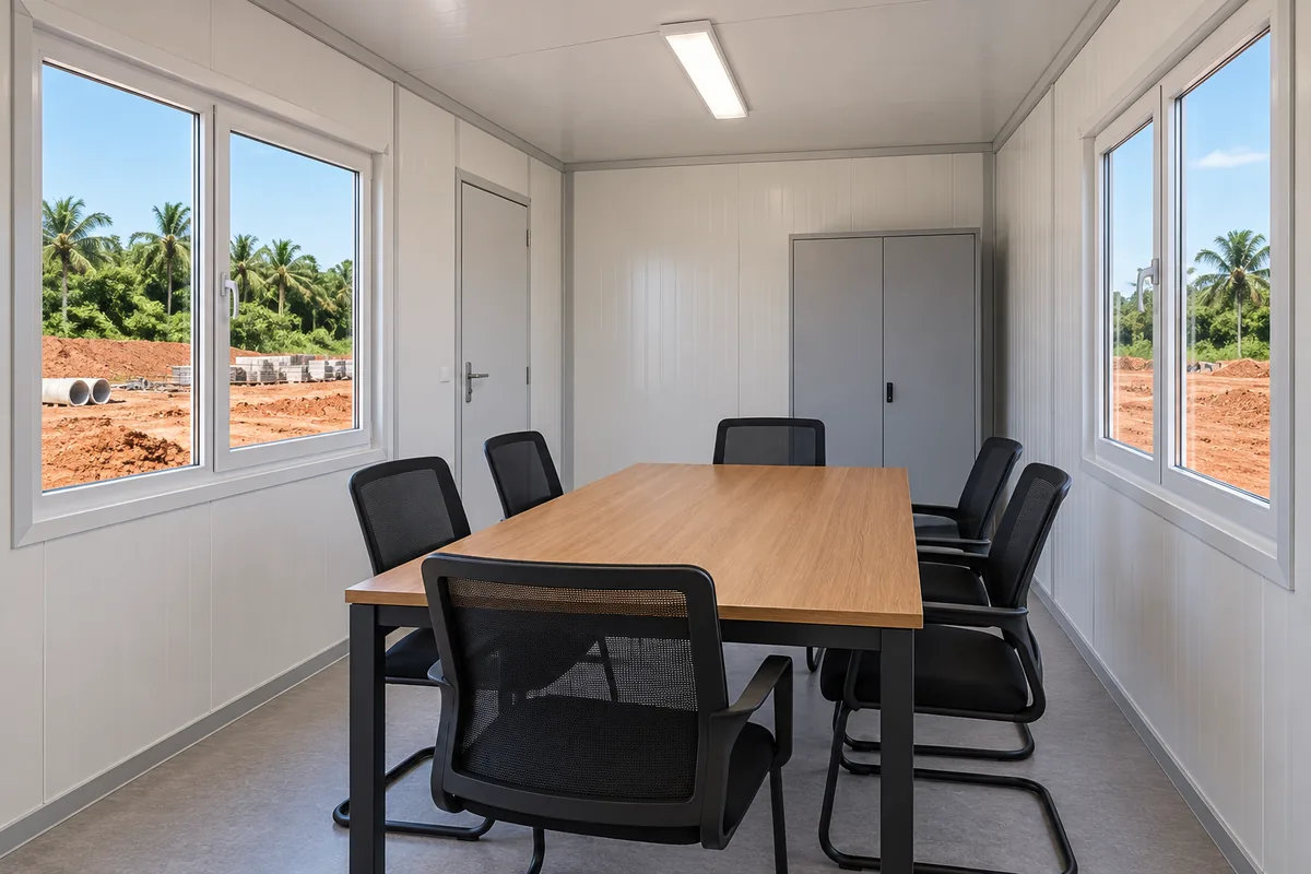 Sala de reuniones en una oficina modular con ventanas laterales