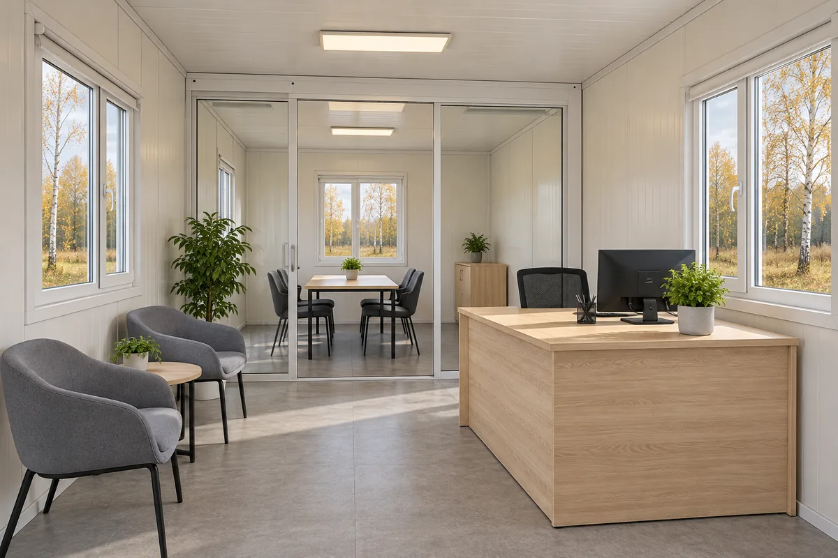 Recepción de oficina modular con espera y sala de reuniones separada