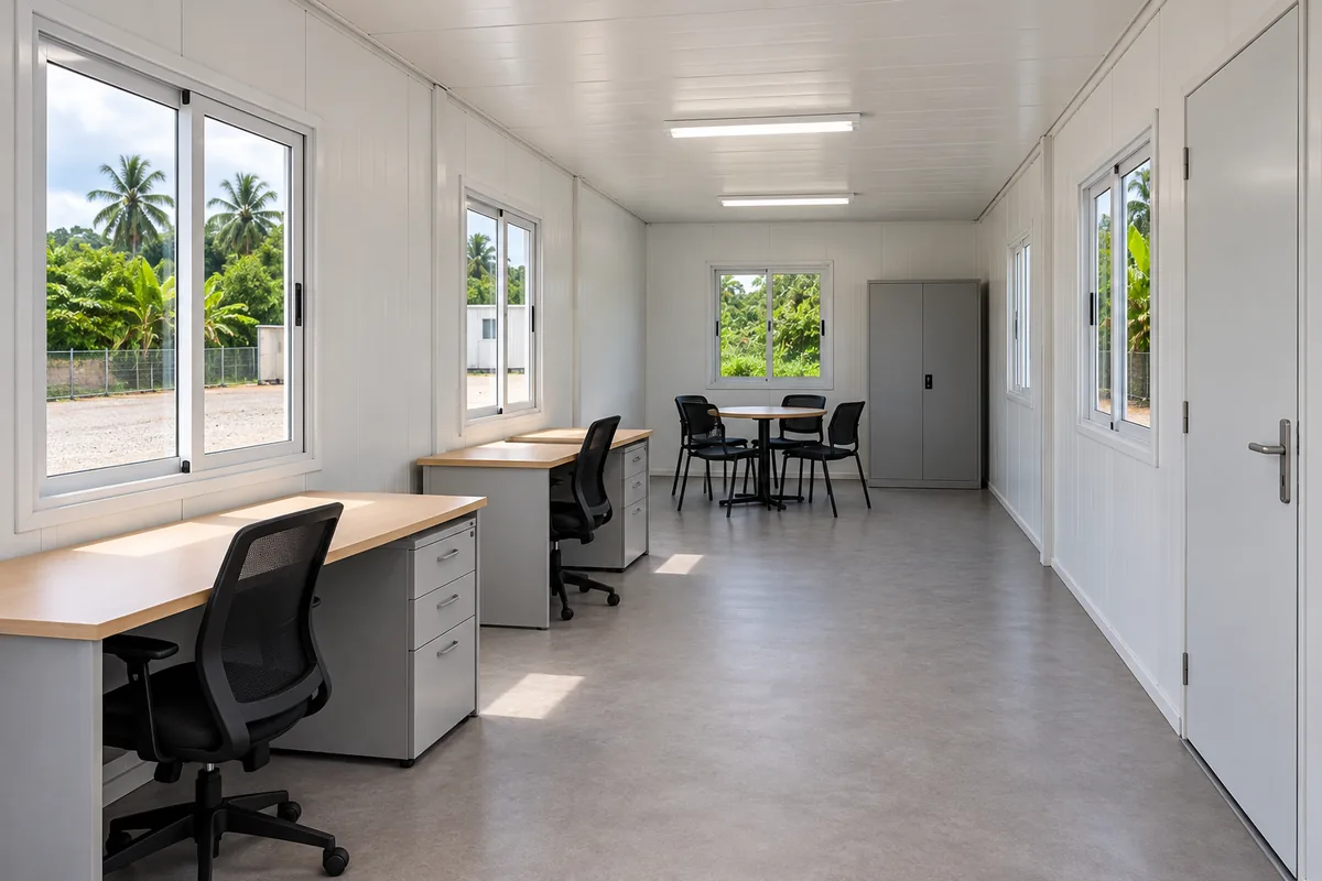 Oficina prefabricada con puestos de trabajo, archivo y mesa de reuniones.