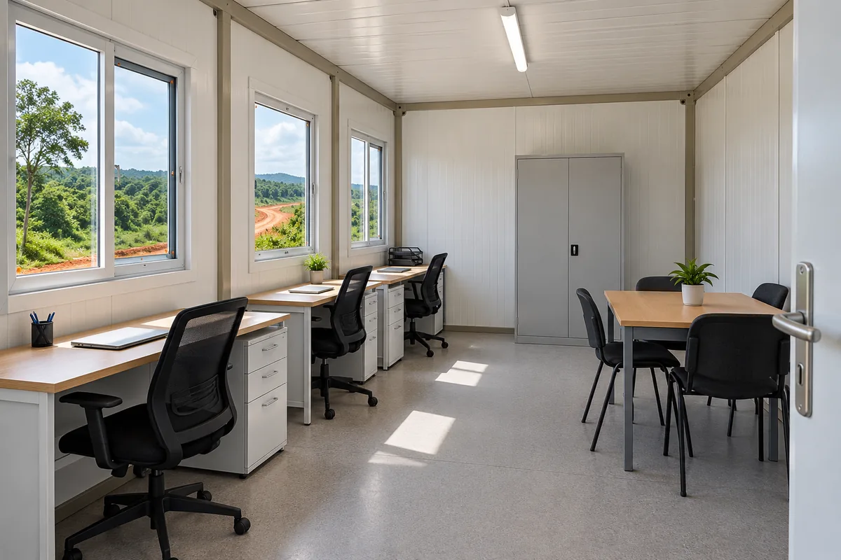 Oficina prefabricada con tres puestos, archivo cerrado y mesa de reuniones.