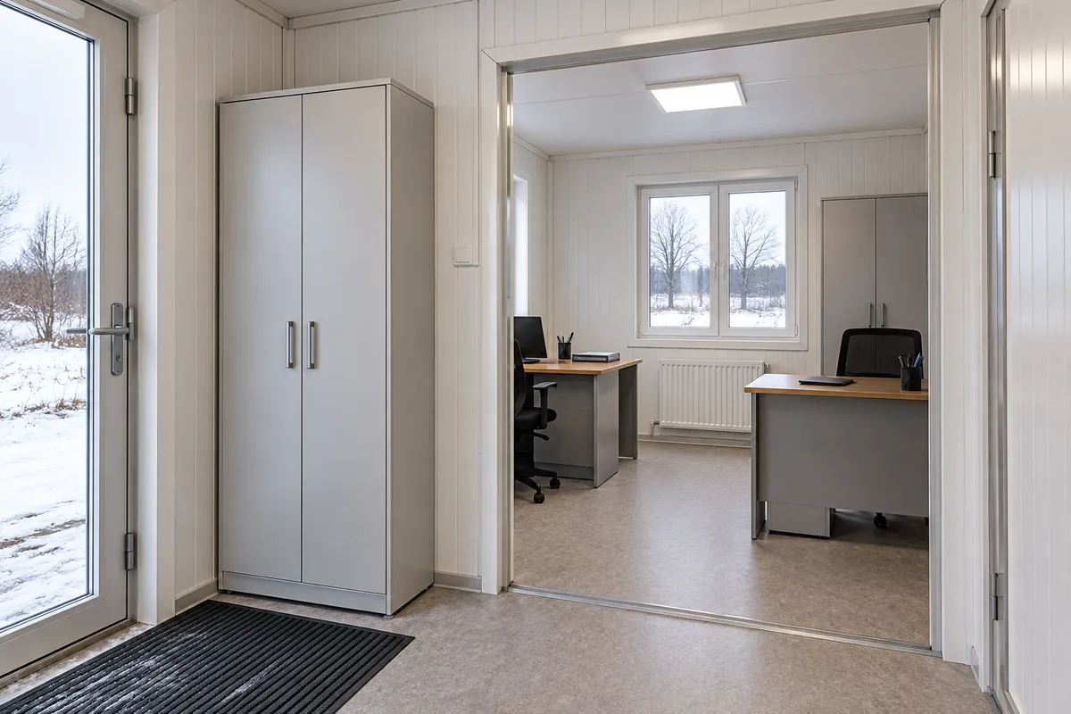Vestíbulo interior conectado con una oficina modular de dos puestos.