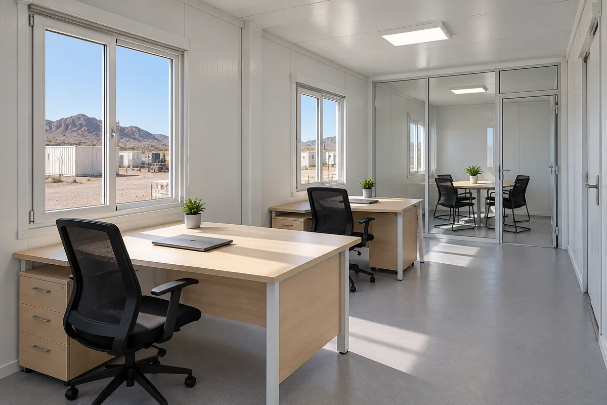 Interior de oficina modular con puestos y sala de reunión separada