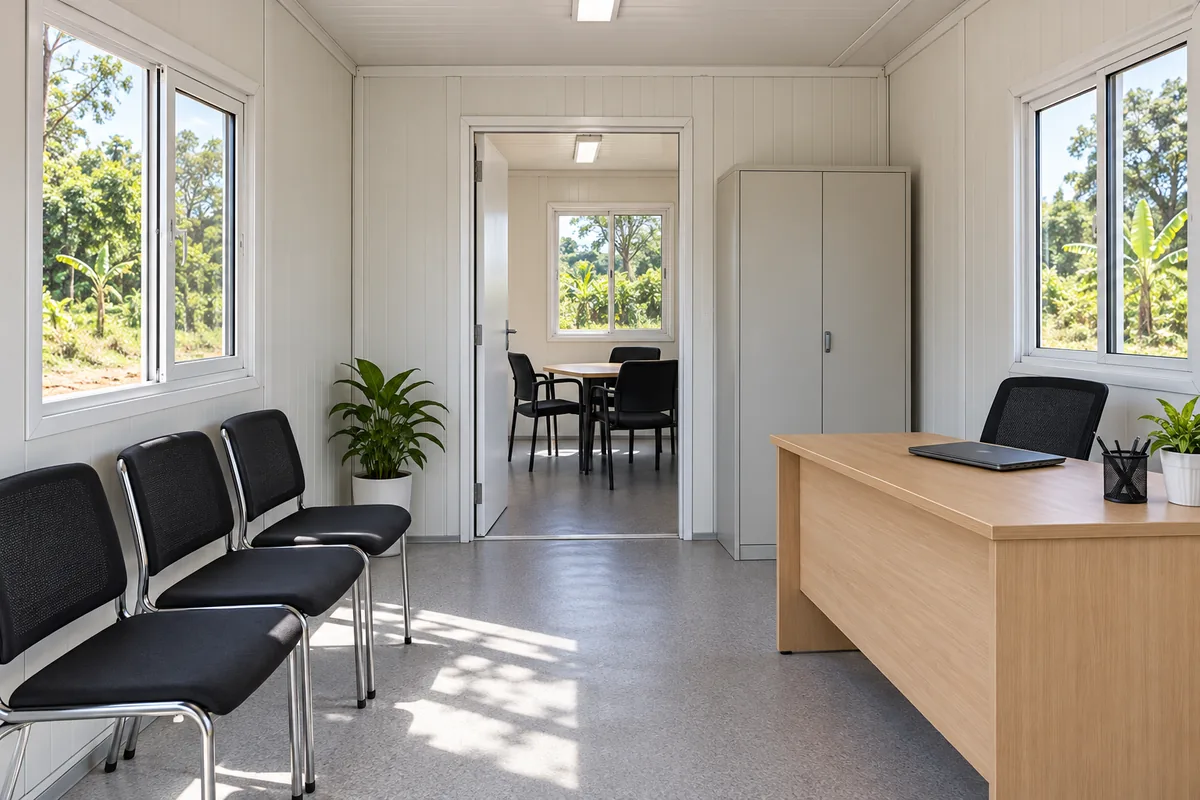 Recepción de oficina modular con espera y espacio de reunión separado.