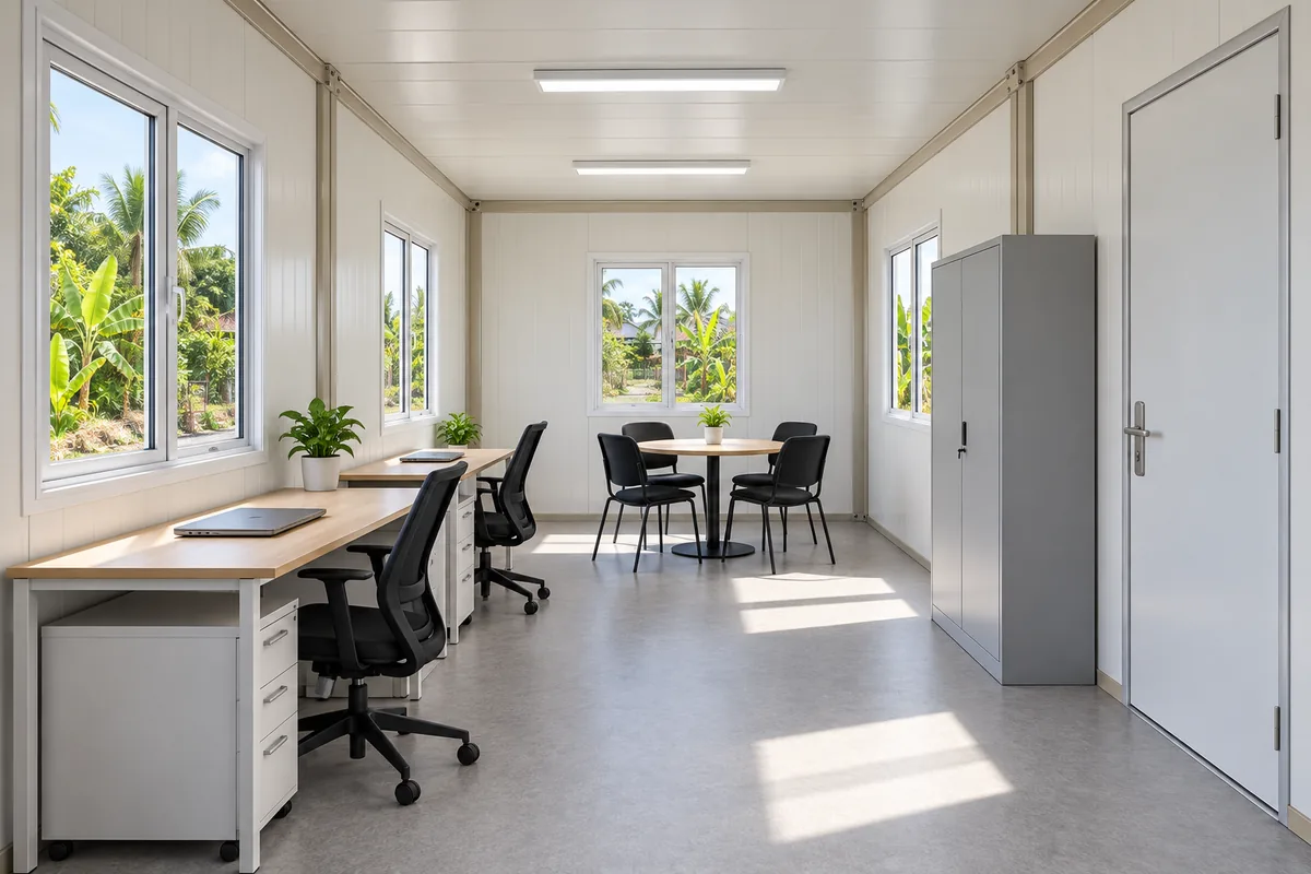 Oficina modular con puestos de trabajo y zona de reunión