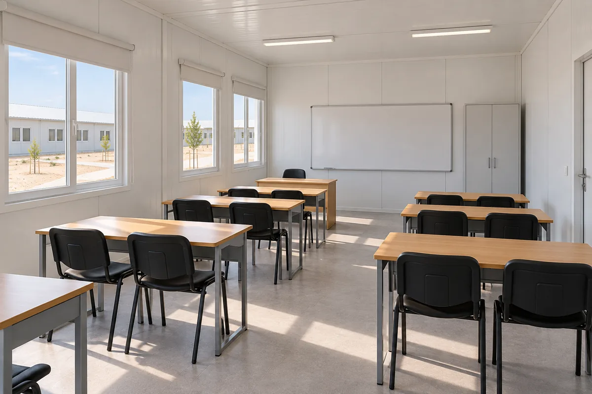 Interior de aula modular con pupitres, pizarra y almacenamiento