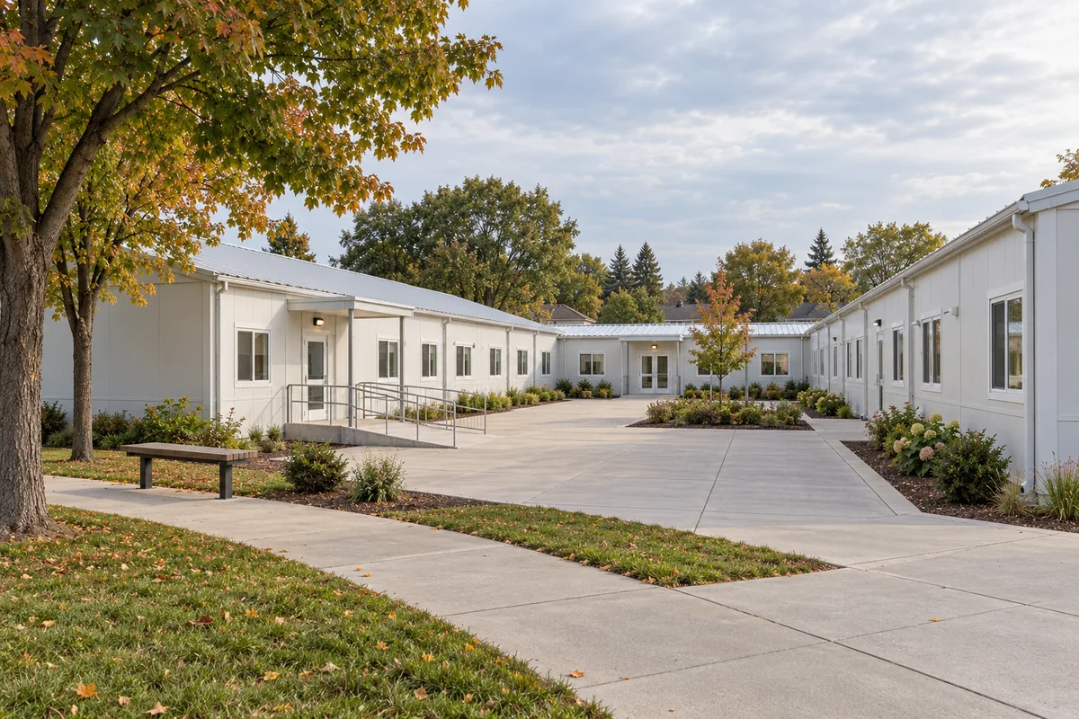 Dos alas de aulas modulares de una planta con patio y acceso mediante rampa.
