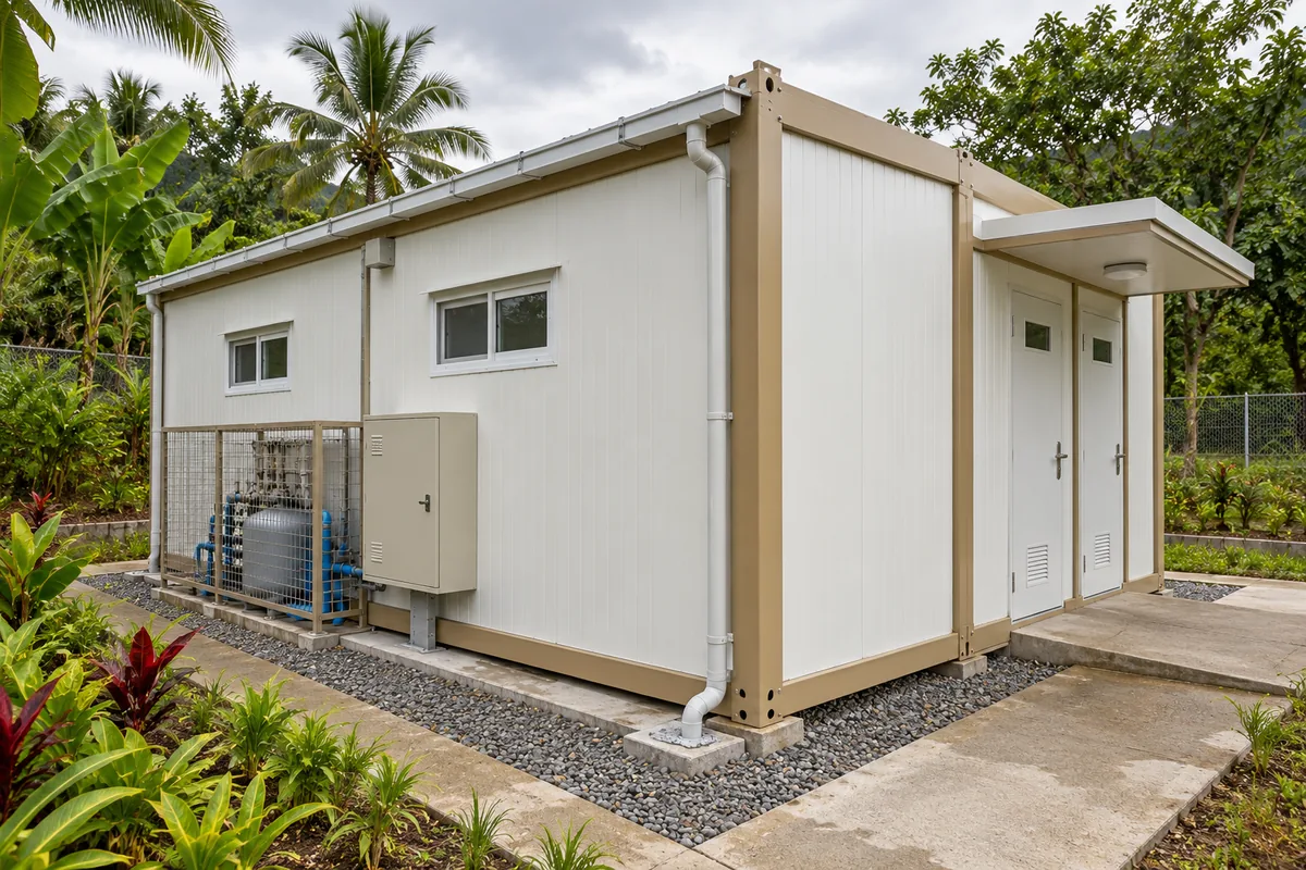 Bloque sanitario modular con armario de servicios y recorrido lateral de mantenimiento.