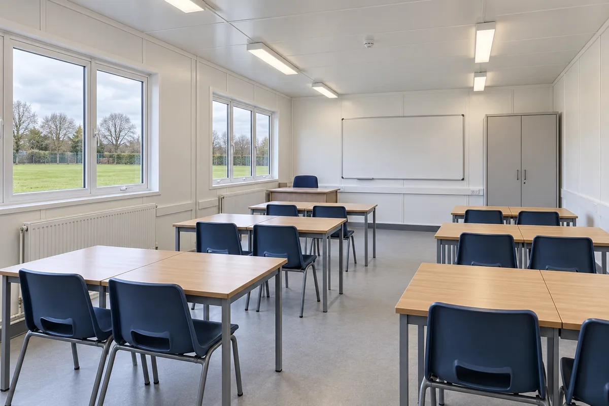 Aula prefabricada con mesas agrupadas, ventanas y pasillos libres.