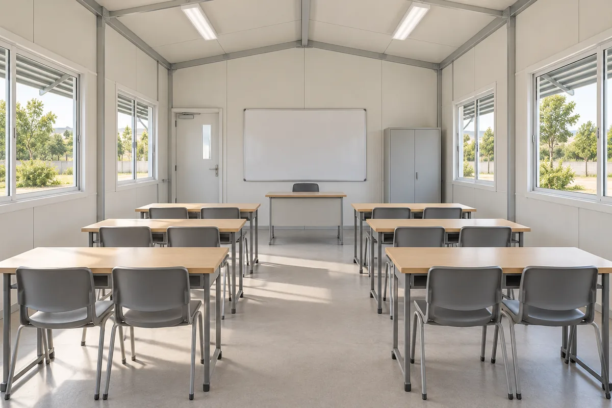 Aula modular con mesas en parejas y ventanas laterales.