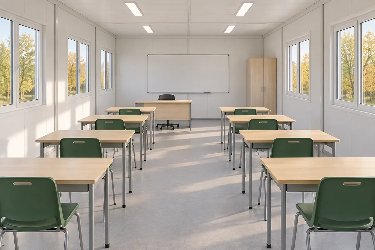 Aula modular con pupitres, paso central y almacenamiento