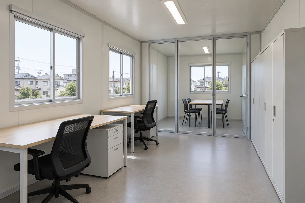 Interior de oficina modular con puestos y una pequeña sala de reuniones.