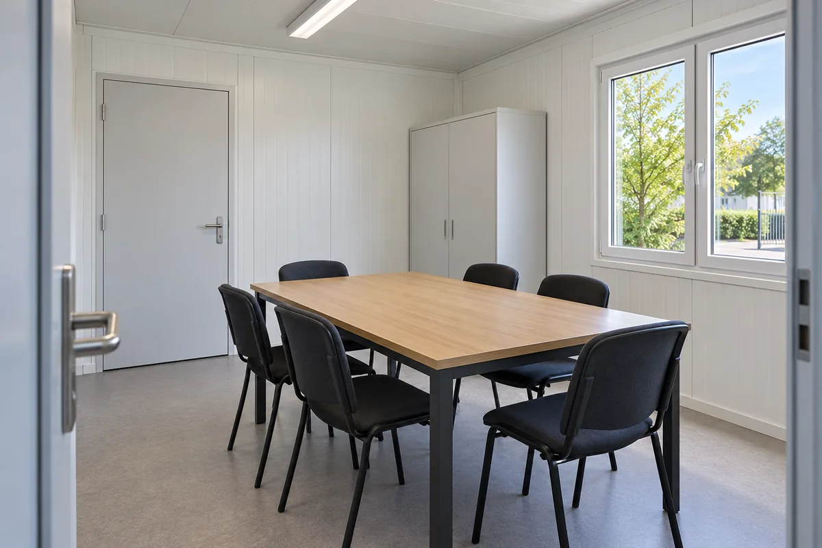 Sala de reuniones de una oficina prefabricada con seis plazas y ventana lateral.