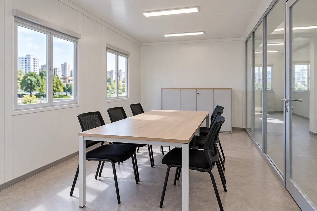 Sala de reuniones modular con partición acristalada y luz natural.
