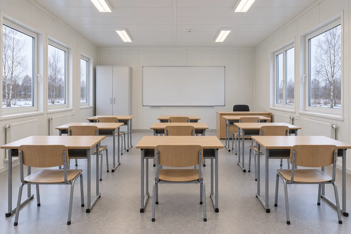Aula modular con pupitres, iluminación lateral y espacio de circulación.