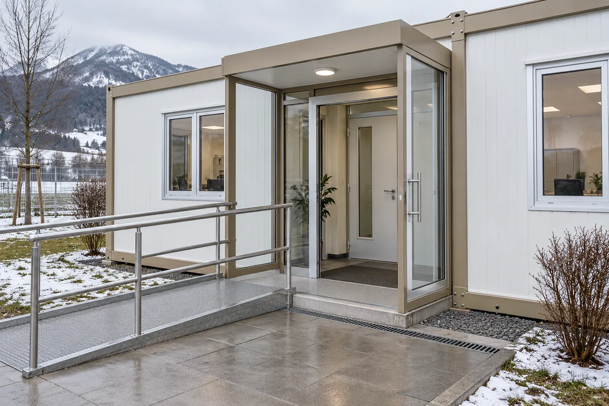 Entrada de oficina modular con vestíbulo acristalado, marquesina y rampa.