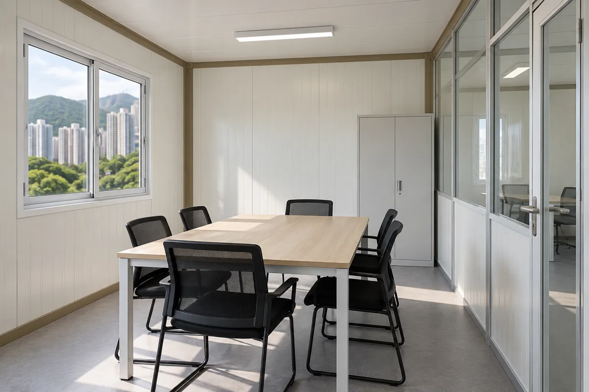 Sala de reuniones en una oficina modular con partición acristalada.