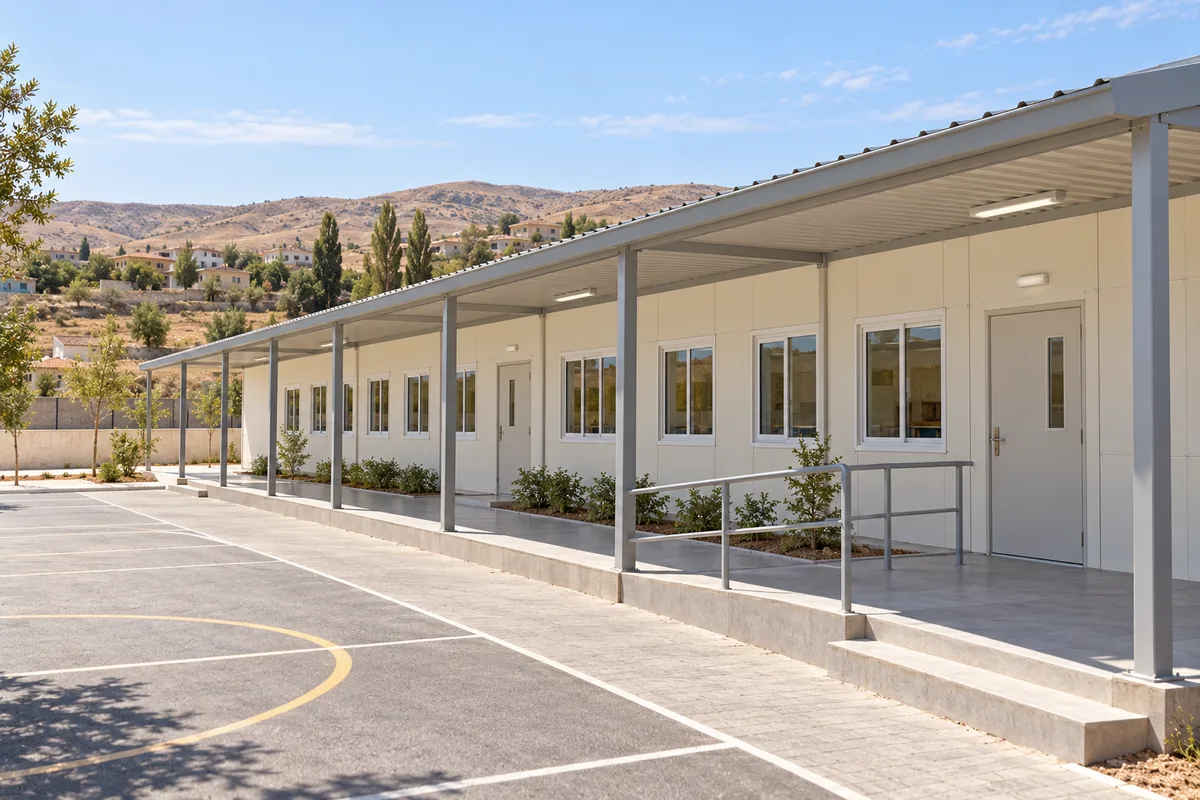 Aulas modulares con porche continuo y recorrido de acceso pavimentado.