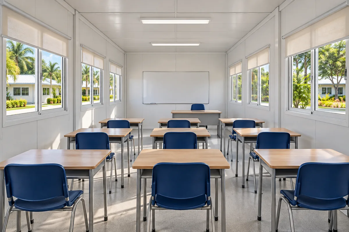 Aula modular con pupitres y ventanas a ambos lados