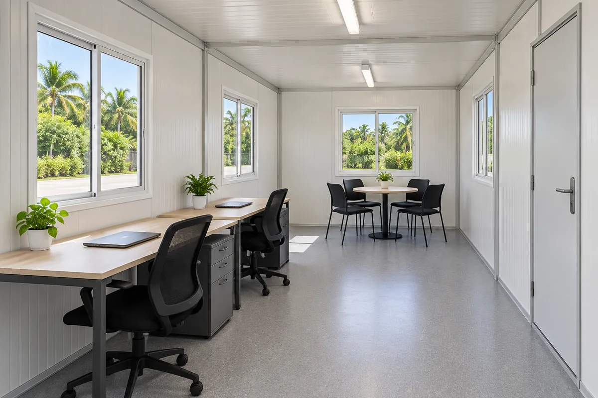 Interior de oficina modular con puestos de trabajo y mesa de reunión
