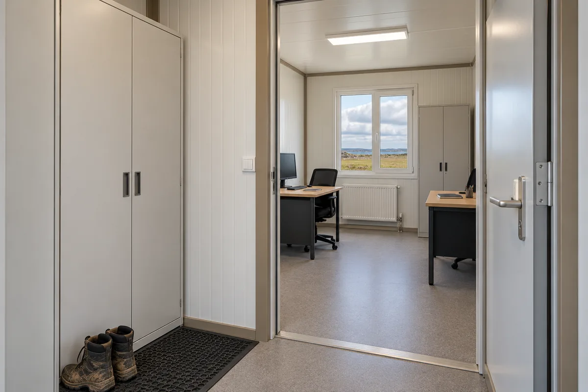 Vestíbulo y acceso interior a una oficina modular con dos puestos de trabajo.