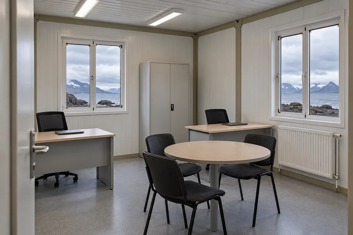 Interior de una oficina modular con puestos de trabajo y almacenamiento cerrado.
