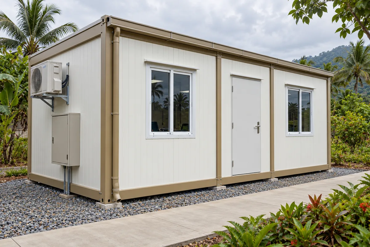 Oficina modular con equipos exteriores accesibles desde una franja de mantenimiento.