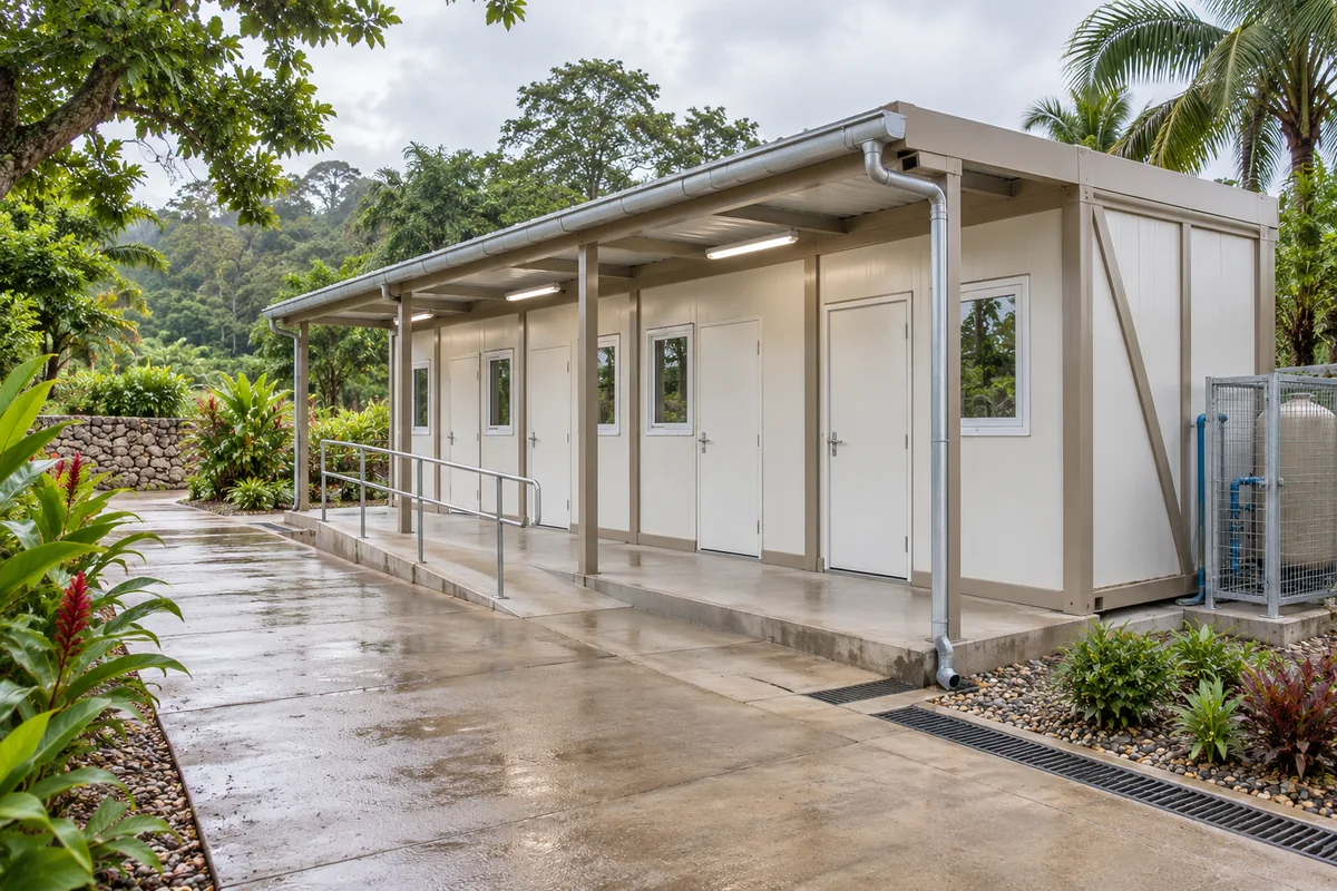 Bloque sanitario modular con acceso cubierto, canalón y recorrido pavimentado.