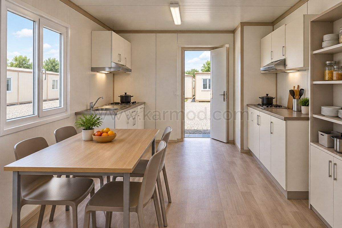 Planungsvisualisierung einer Gemeinschaftsküche mit zwei Kochplätzen in einer modularen Unterkunft für Liechtenstein