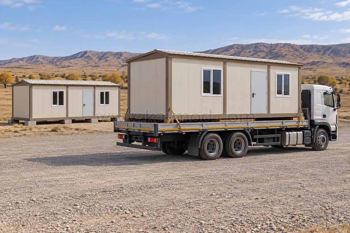 Planungsvisualisierung eines Wohncontainers auf einem Pritschenlastwagen mit freier Rangierfläche neben einem aufgestellten Modul